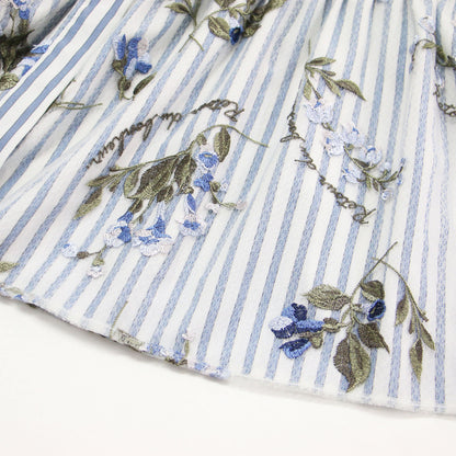 スズラン刺繍 シャツワンピース / ドレス 長袖 ロング丈 ストライプ ティアード レース