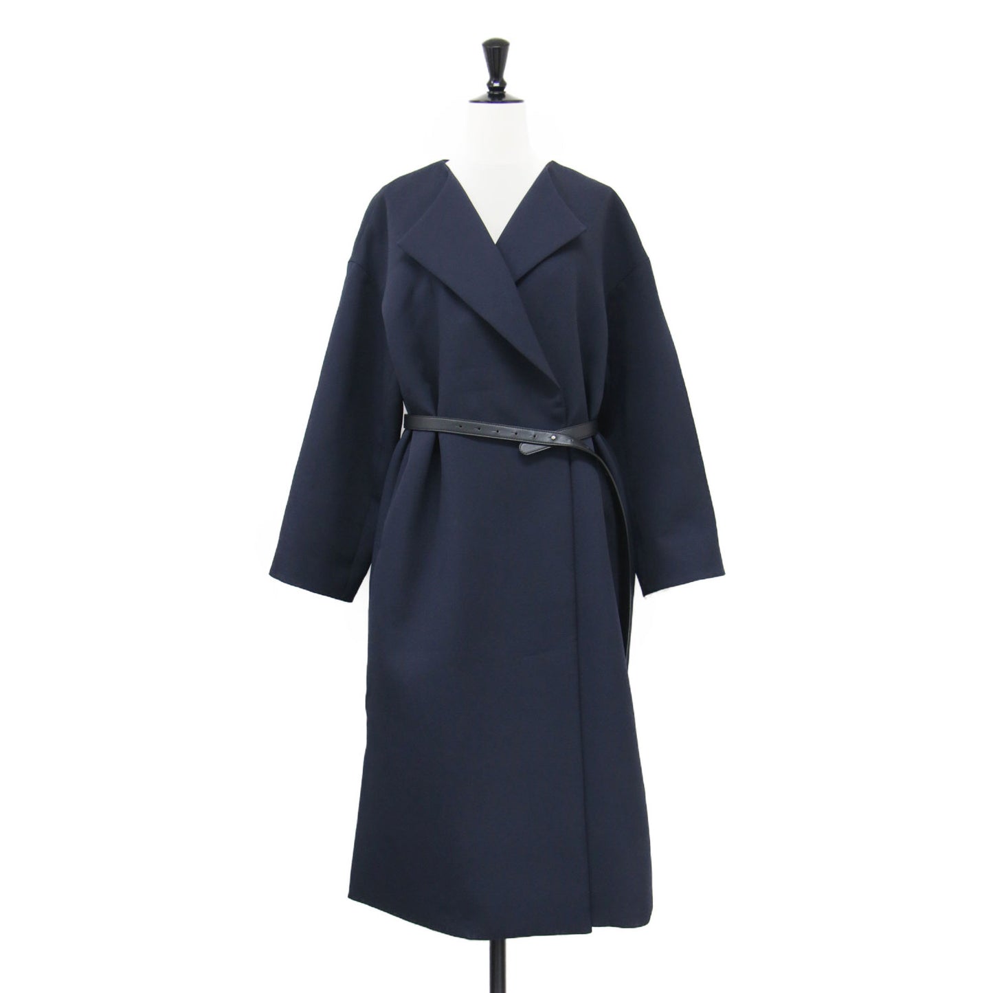 23春夏 ベルト付き ノーカラーコート / ロング丈 バイカラー スリット スナップボタン ドロップショルダー