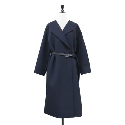 23春夏 ベルト付き ノーカラーコート / ロング丈 バイカラー スリット スナップボタン ドロップショルダー
