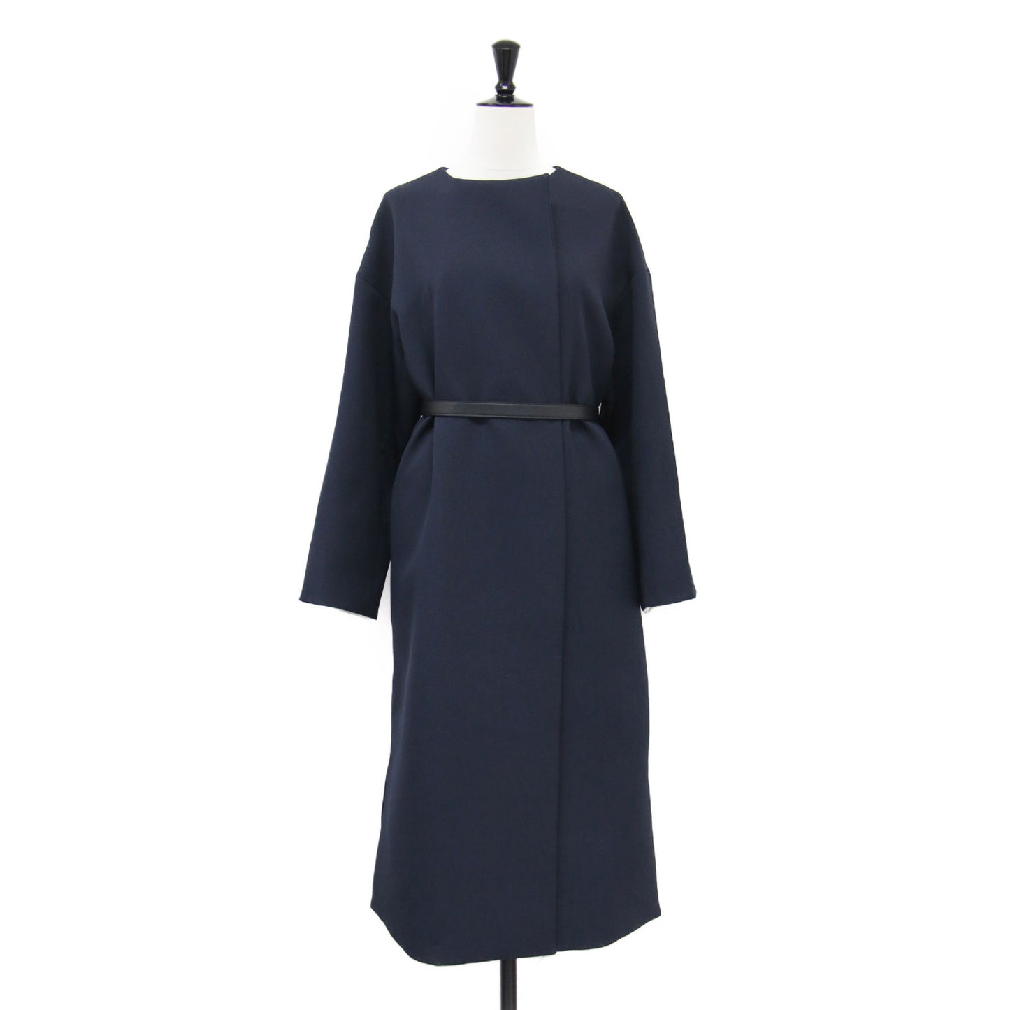 23春夏 ベルト付き ノーカラーコート / ロング丈 バイカラー スリット スナップボタン ドロップショルダー