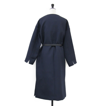 23春夏 ベルト付き ノーカラーコート / ロング丈 バイカラー スリット スナップボタン ドロップショルダー