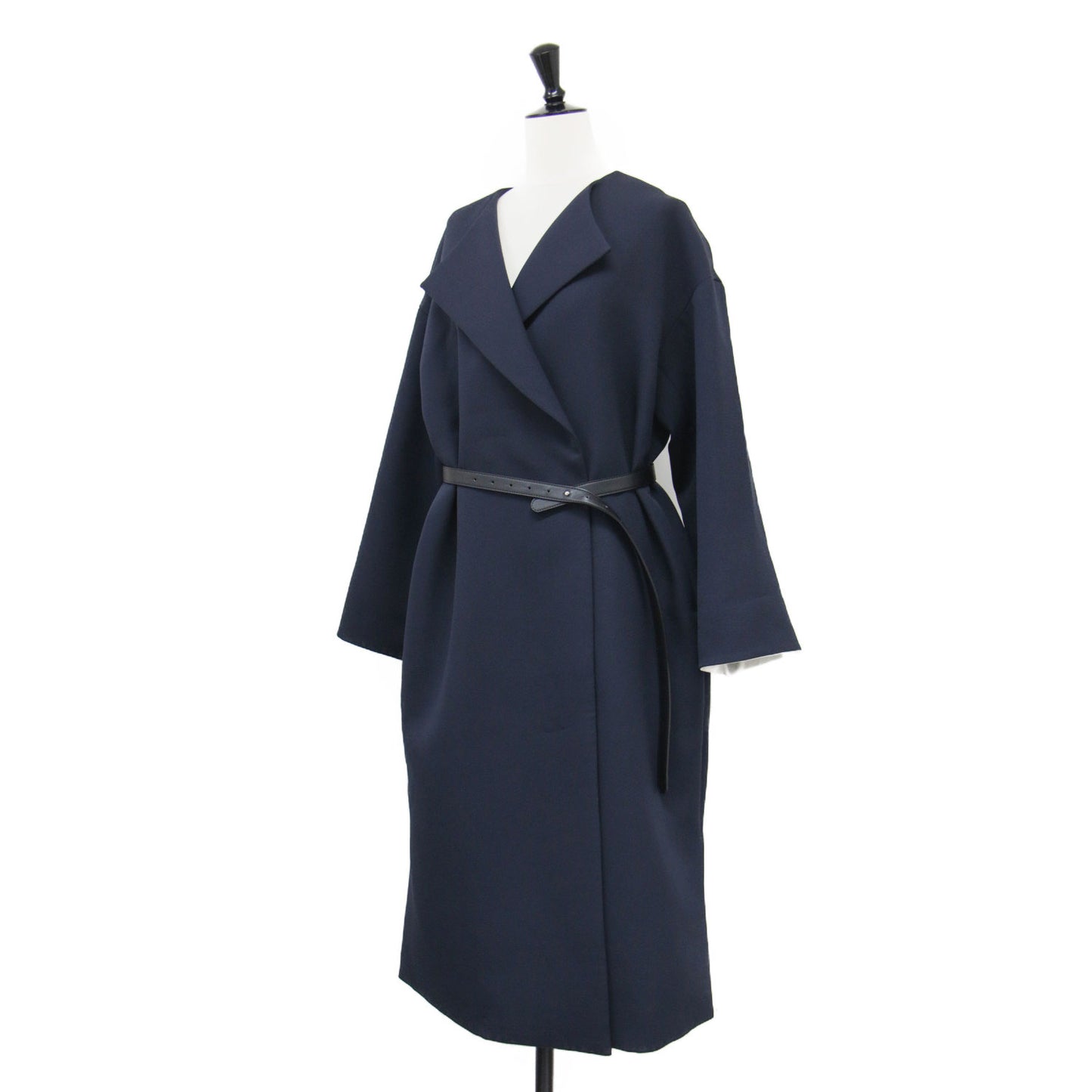 23春夏 ベルト付き ノーカラーコート / ロング丈 バイカラー スリット スナップボタン ドロップショルダー