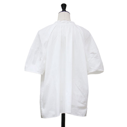 ボウタイ ユーフォ― ブラウス / BowTie UFO Blouse プルオーバー スタンドカラー 半袖 ラグラン 前後2way リボン ギャザー コットン