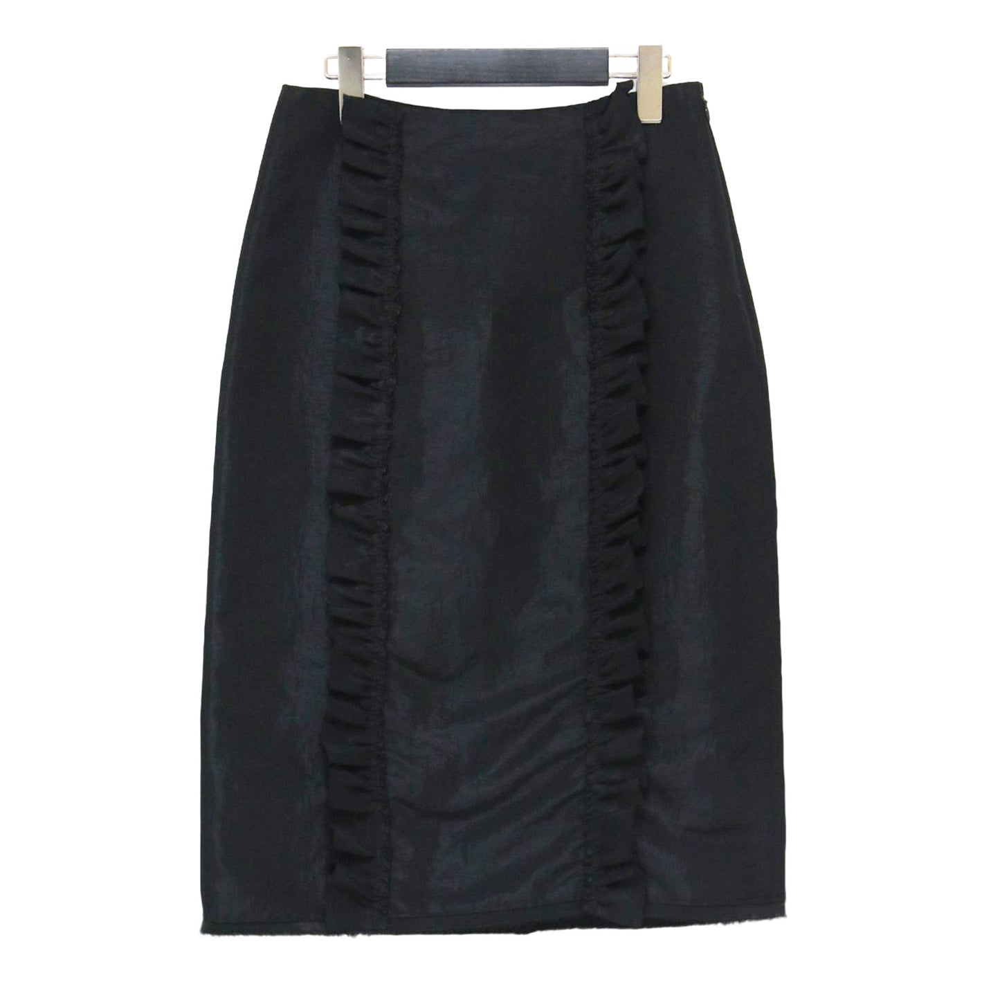 24秋冬 グロッシーフリル タイトスカート / ミディ丈 スリット カットオフ ストレート サテン