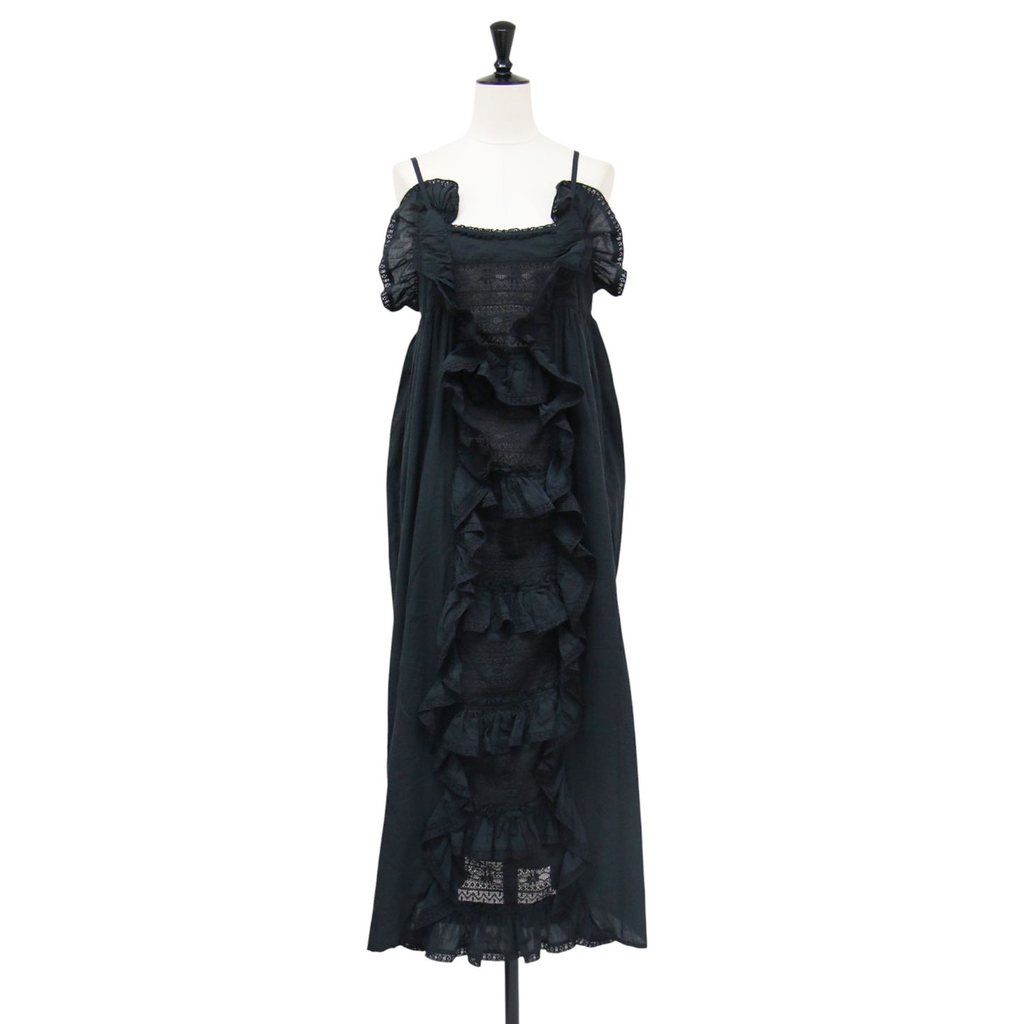 フリル レース キャミソールワンピース / ノースリーブ ロング丈 ストレート タック ギャザー コットン