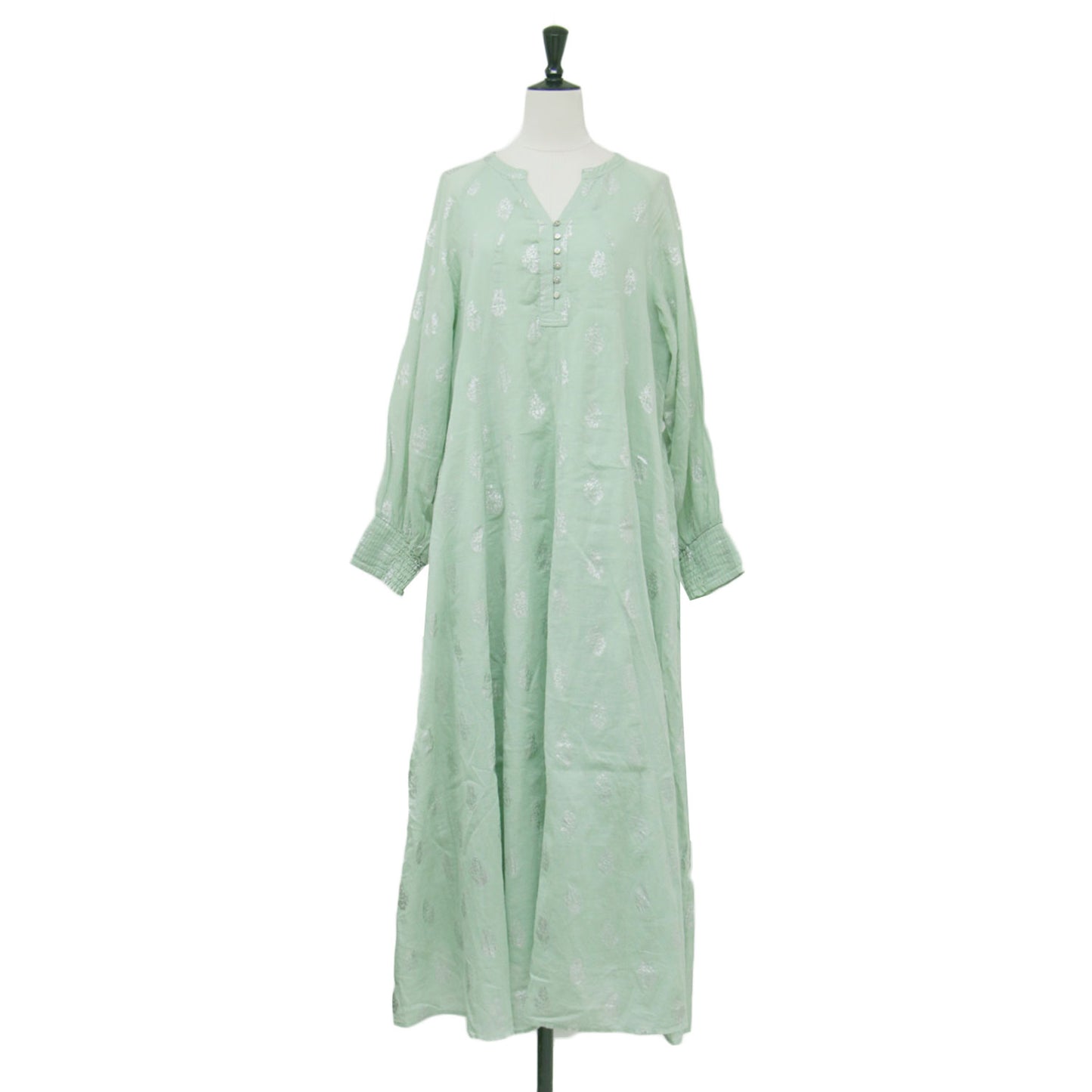 コットンボイル フラワープリントドレス / Cotton Voile Foil Flower Print Sleeve Dress Aライン フレア Vネック 長袖 花柄 箔押し メタルボタン