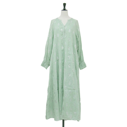 コットンボイル フラワープリントドレス / Cotton Voile Foil Flower Print Sleeve Dress Aライン フレア Vネック 長袖 花柄 箔押し メタルボタン