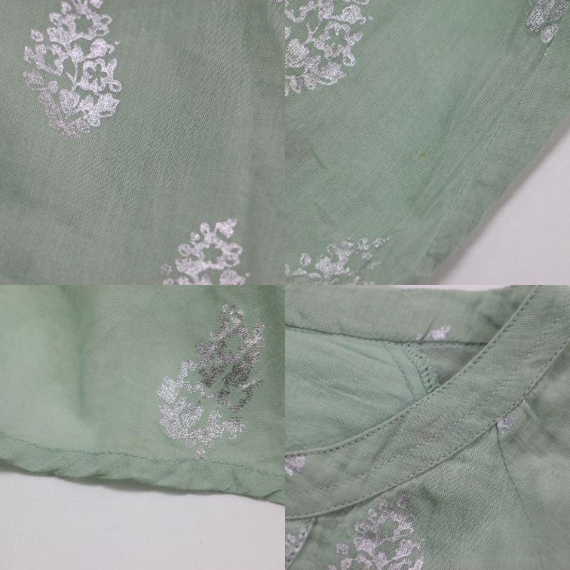コットンボイル フラワープリントドレス / Cotton Voile Foil Flower Print Sleeve Dress Aライン フレア Vネック 長袖 花柄 箔押し メタルボタン