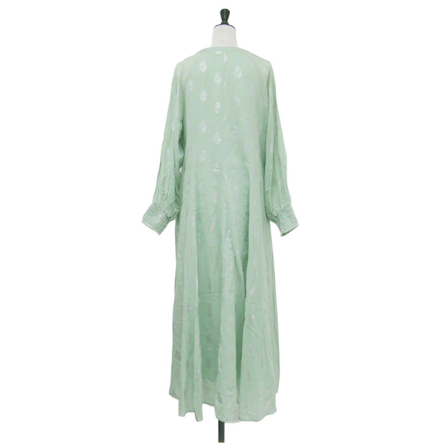 コットンボイル フラワープリントドレス / Cotton Voile Foil Flower Print Sleeve Dress Aライン フレア Vネック 長袖 花柄 箔押し メタルボタン