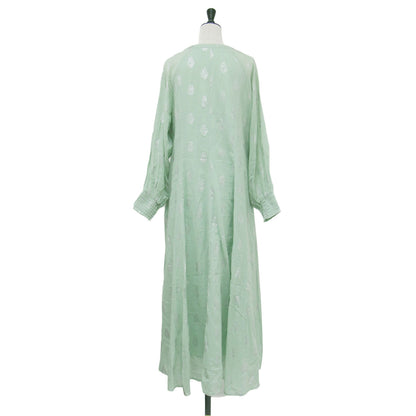 コットンボイル フラワープリントドレス / Cotton Voile Foil Flower Print Sleeve Dress Aライン フレア Vネック 長袖 花柄 箔押し メタルボタン