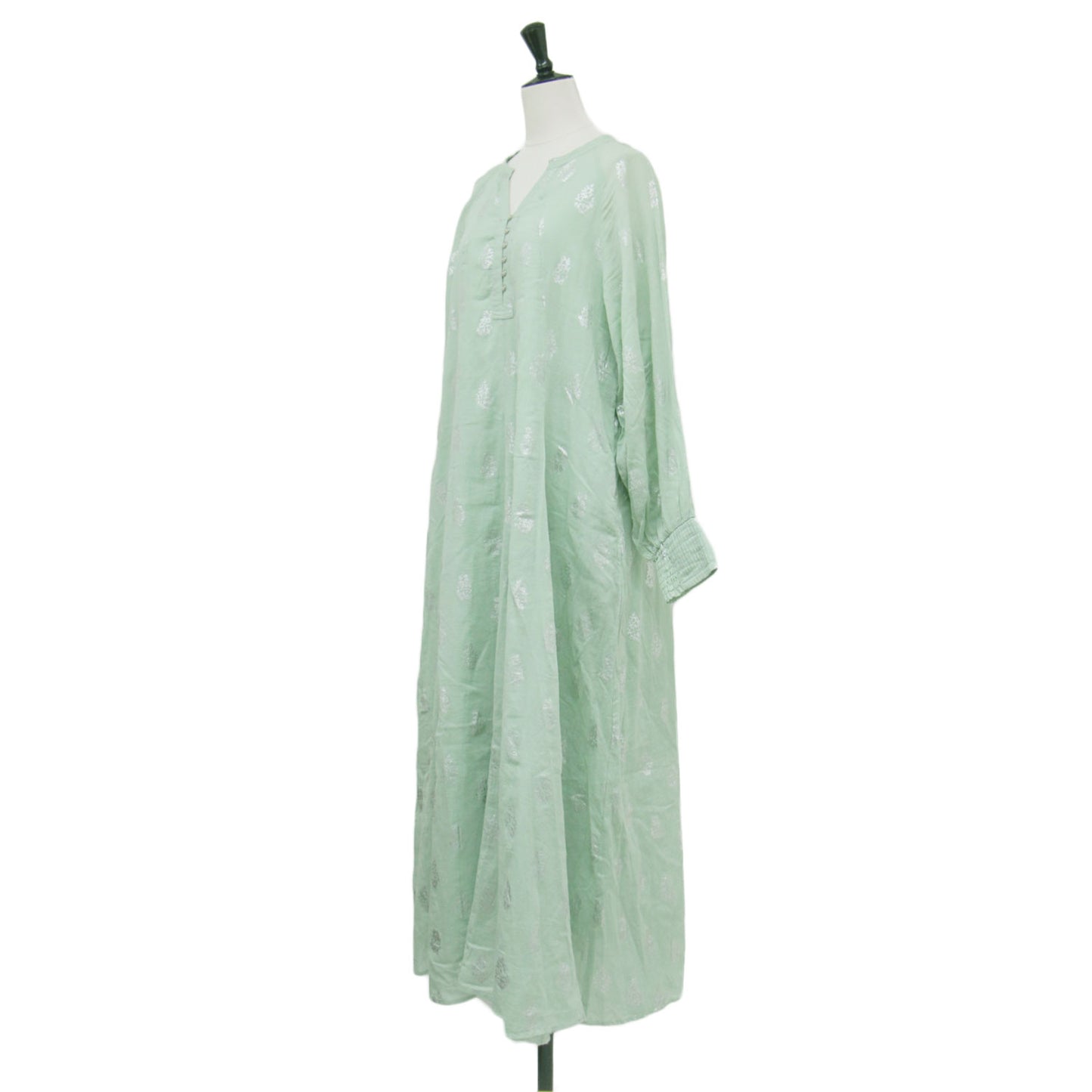 コットンボイル フラワープリントドレス / Cotton Voile Foil Flower Print Sleeve Dress Aライン フレア Vネック 長袖 花柄 箔押し メタルボタン