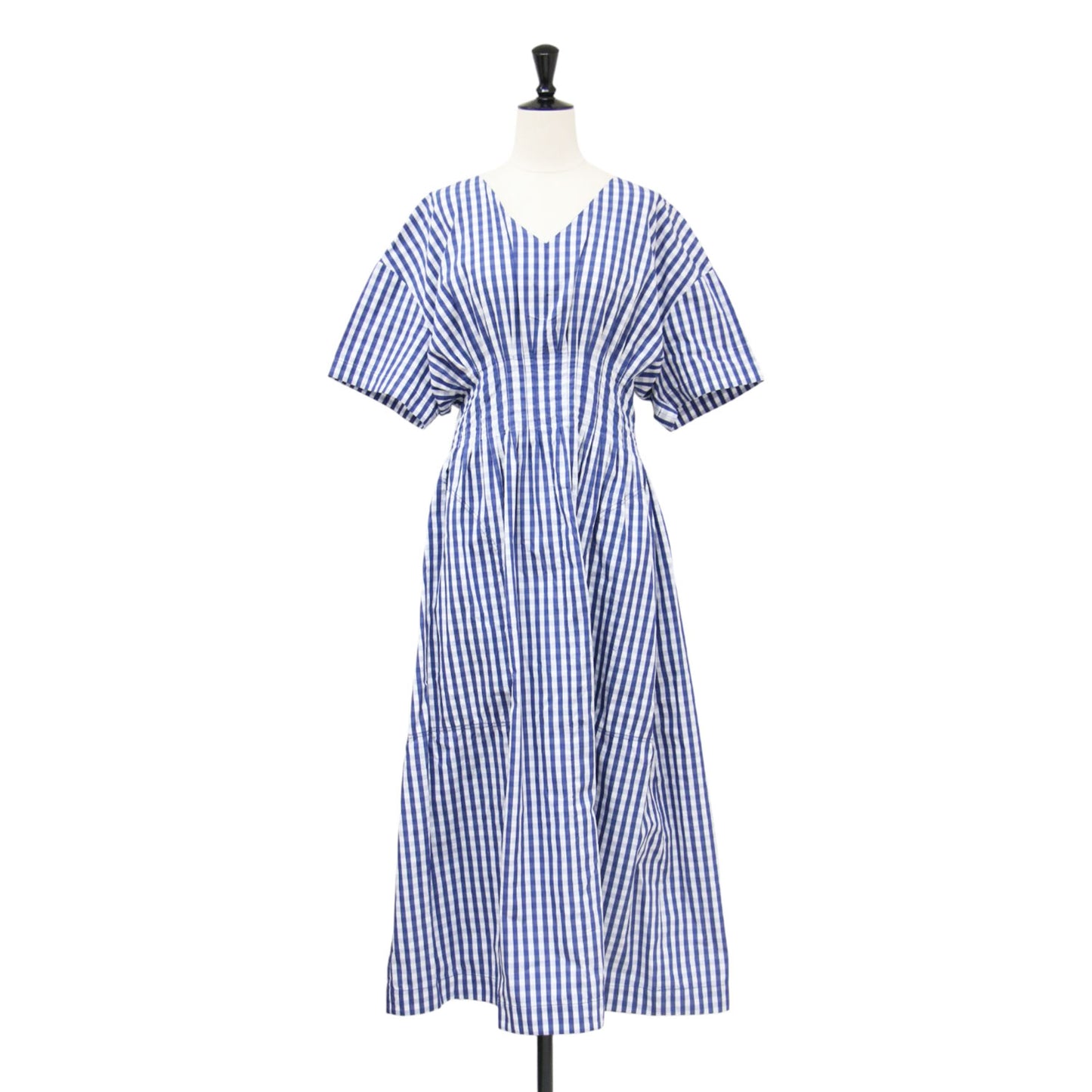 ギンガムチェック ラウンドフォーム ドレス / Gingham Check Round Form Dress ワンピース ロング 半袖 Vネック コットン