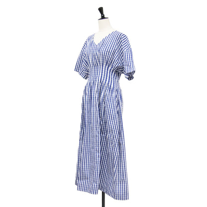 ギンガムチェック ラウンドフォーム ドレス / Gingham Check Round Form Dress ワンピース ロング 半袖 Vネック コットン