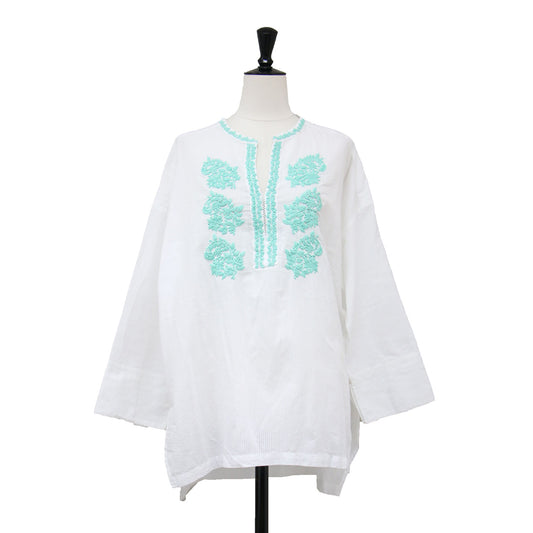 23春夏 コットン チカン刺繍 ブラウス / プルオーバー 長袖 キーネック ワイド スリット