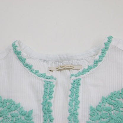 23春夏 コットン チカン刺繍 ブラウス / プルオーバー 長袖 キーネック ワイド スリット