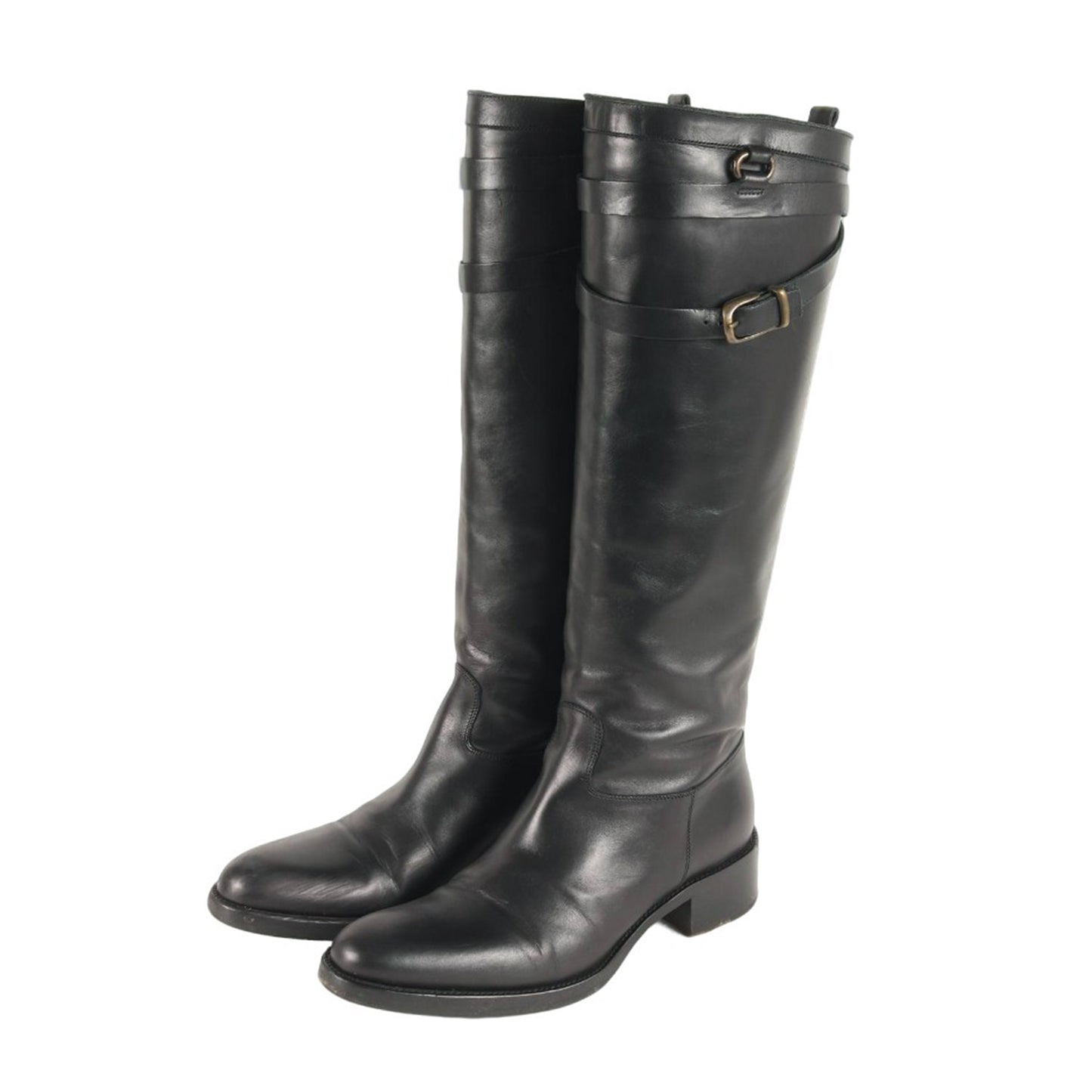 ベルト付き レザー ロングブーツ / ジョッキーブーツ ラウンドトゥ ローヒール