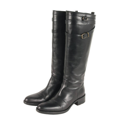 ベルト付き レザー ロングブーツ / ジョッキーブーツ ラウンドトゥ ローヒール