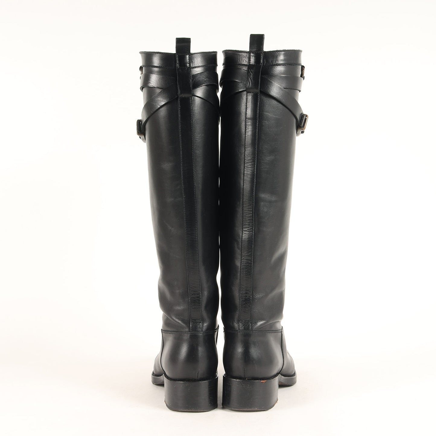 ベルト付き レザー ロングブーツ / ジョッキーブーツ ラウンドトゥ ローヒール