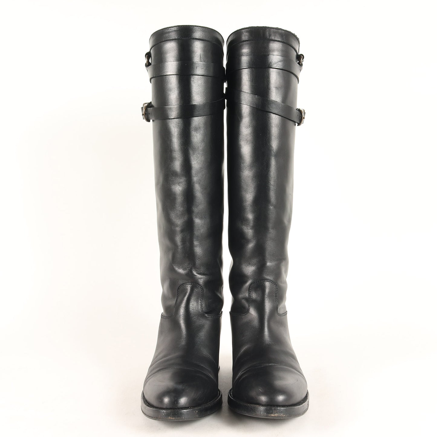 ベルト付き レザー ロングブーツ / ジョッキーブーツ ラウンドトゥ ローヒール