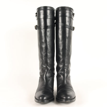 ベルト付き レザー ロングブーツ / ジョッキーブーツ ラウンドトゥ ローヒール