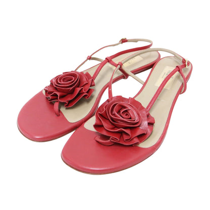 レザー フラワーコサージュ トングサンダル / フラット ラウンドトゥ アンクルベルト