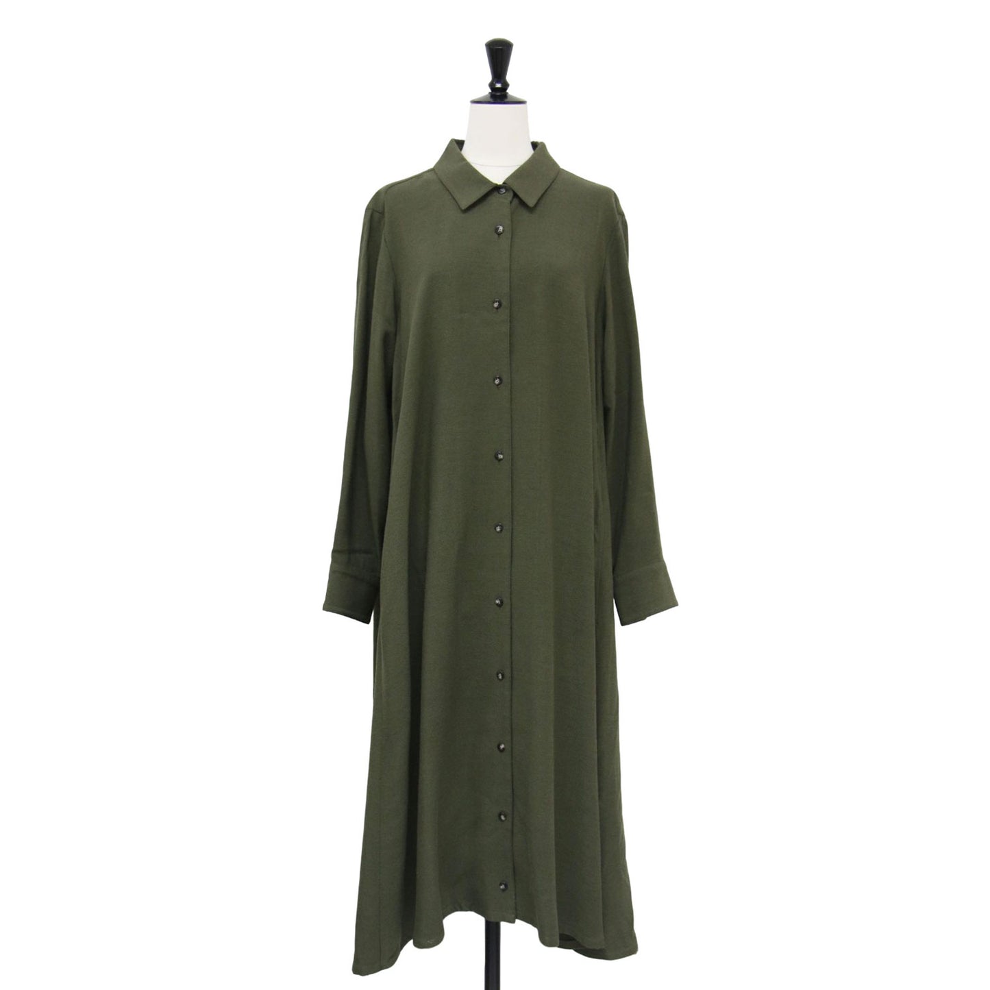 ウール ロング シャツワンピース / レギュラーカラー シャツドレス 長袖 Aライン フレア レーヨン
