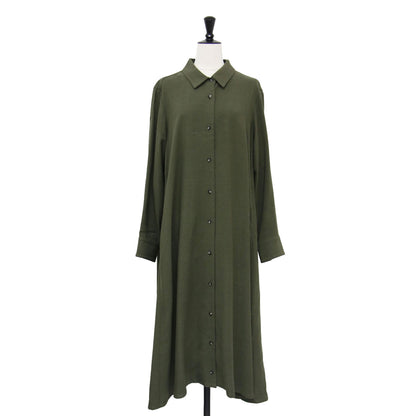 ウール ロング シャツワンピース / レギュラーカラー シャツドレス 長袖 Aライン フレア レーヨン