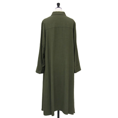 ウール ロング シャツワンピース / レギュラーカラー シャツドレス 長袖 Aライン フレア レーヨン