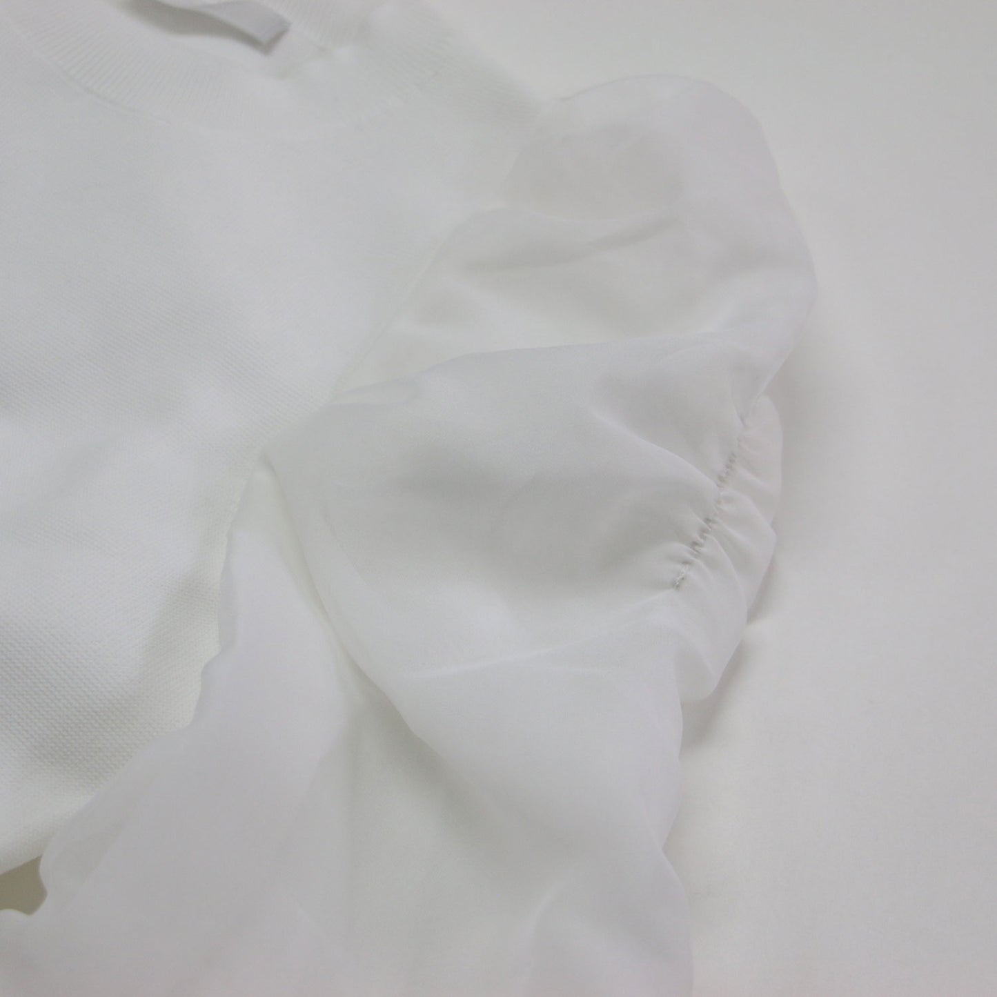 24春夏 布帛コンビペプラムニットプル / プルオーバー クルーネック 長袖 パフスリーブ オーガンジー ウォッシャブル