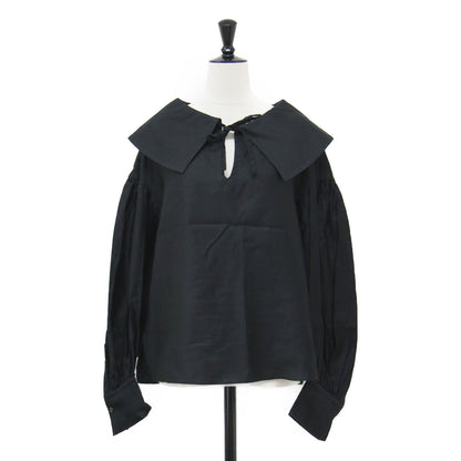 21秋冬 ビックカラー ワイド ブラウス / プルオーバー 長袖 タック ワイドスリーブ スリット コットン