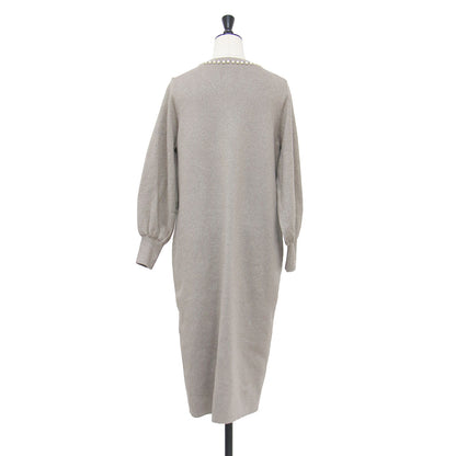 23秋冬 総針衿パールラメニットワンピース / 3-0030-6-02-020 / ドレス ミディ丈 Iライン ラウンドネック 長袖 光沢 ウール ハイゲージ ウォッシャブル