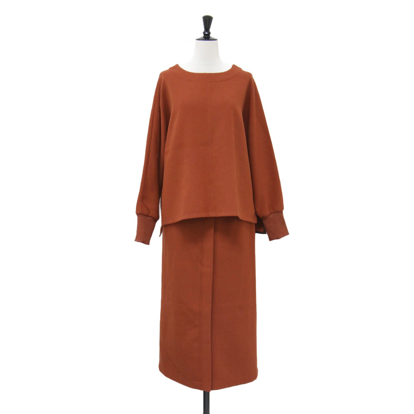 24秋冬 ドルマン プルオーバー スカート セットアップ / ブラウス ワイド クルーネック スリット ウエストゴム ストレッチ タック