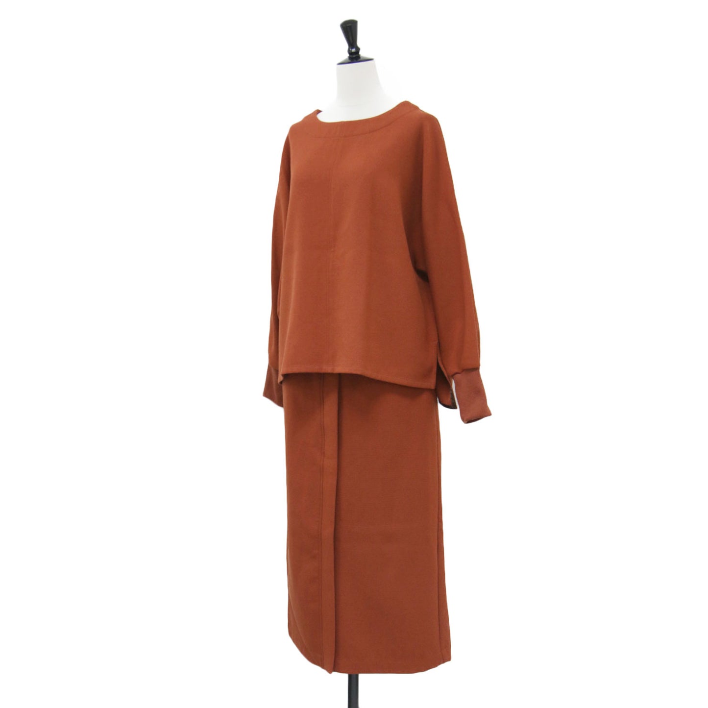 24秋冬 ドルマン プルオーバー スカート セットアップ / ブラウス ワイド クルーネック スリット ウエストゴム ストレッチ タック