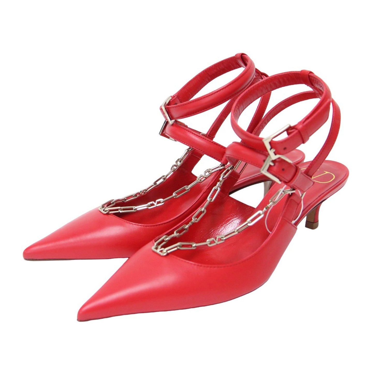 ロゴチェーン アンクルストラップ ミュール / パンプス ローヒール ポインテッドトゥ ベルト レザー