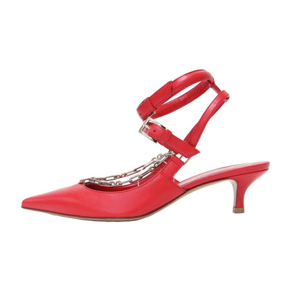ロゴチェーン アンクルストラップ ミュール / パンプス ローヒール ポインテッドトゥ ベルト レザー