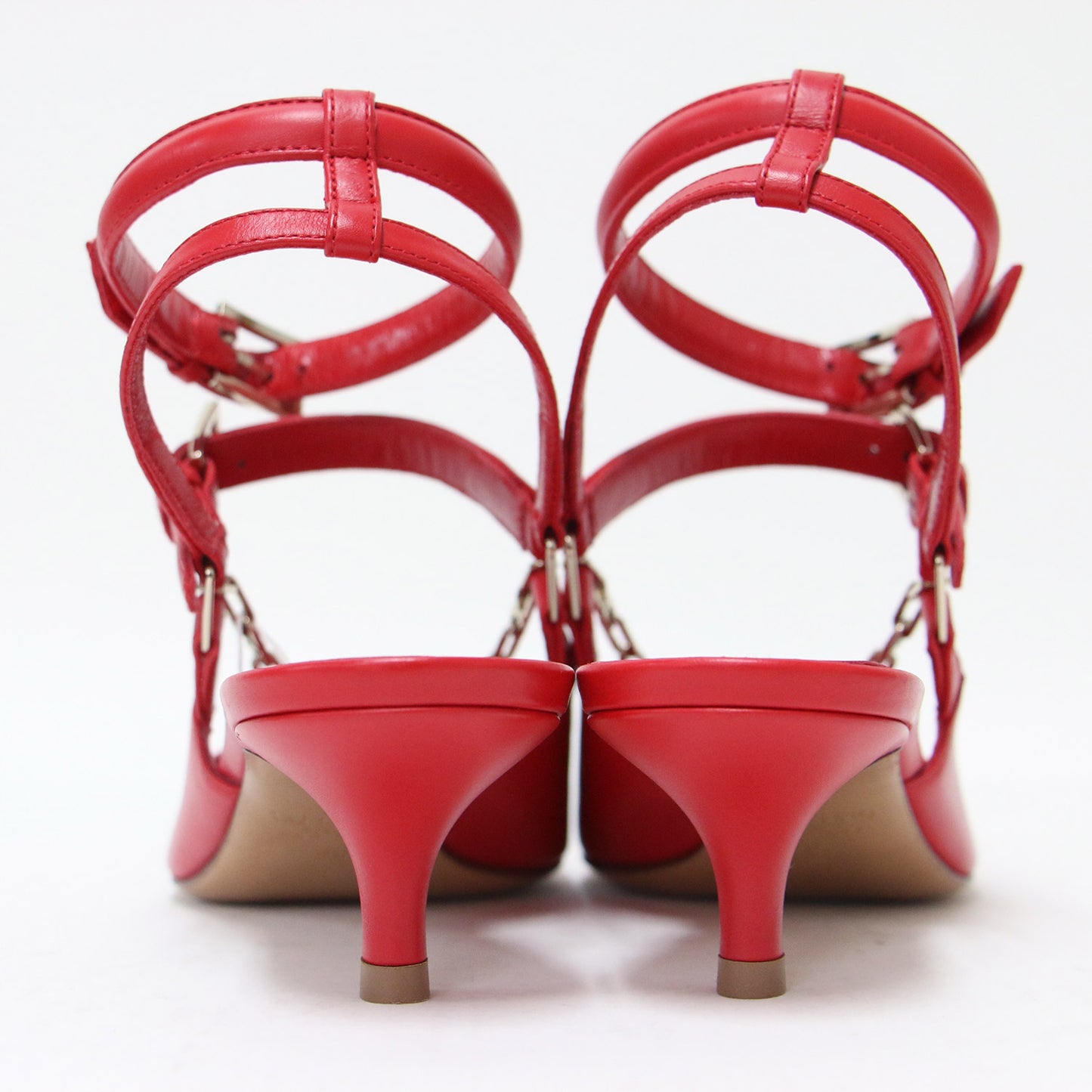 ロゴチェーン アンクルストラップ ミュール / パンプス ローヒール ポインテッドトゥ ベルト レザー