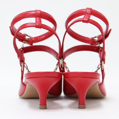 ロゴチェーン アンクルストラップ ミュール / パンプス ローヒール ポインテッドトゥ ベルト レザー