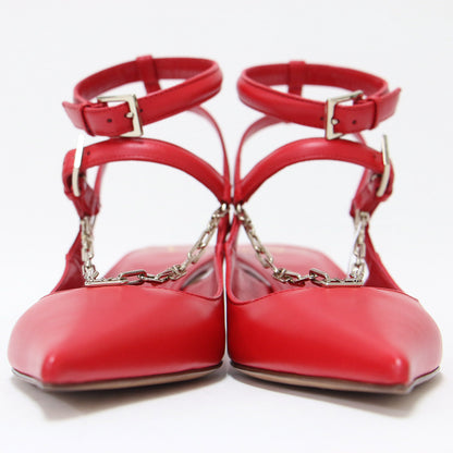 ロゴチェーン アンクルストラップ ミュール / パンプス ローヒール ポインテッドトゥ ベルト レザー