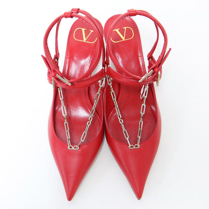 ロゴチェーン アンクルストラップ ミュール / パンプス ローヒール ポインテッドトゥ ベルト レザー