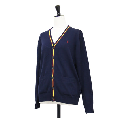 Vネック ポニー 刺繍 コットンカーディガン / ニット 長袖 ライン ロゴ ハイゲージ