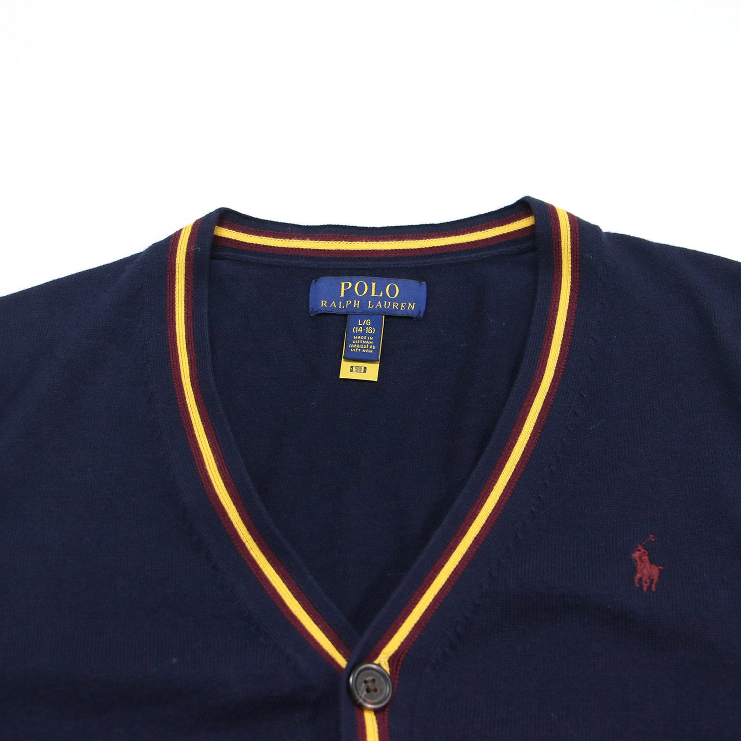 Vネック ポニー 刺繍 コットンカーディガン / ニット 長袖 ライン ロゴ ハイゲージ