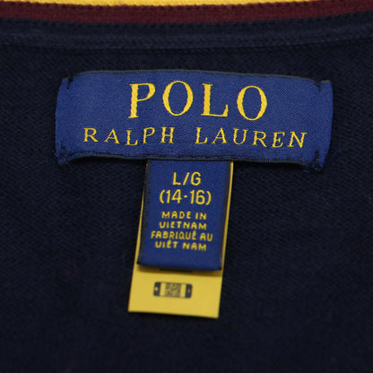 Vネック ポニー 刺繍 コットンカーディガン / ニット 長袖 ライン ロゴ ハイゲージ