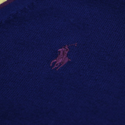 Vネック ポニー 刺繍 コットンカーディガン / ニット 長袖 ライン ロゴ ハイゲージ