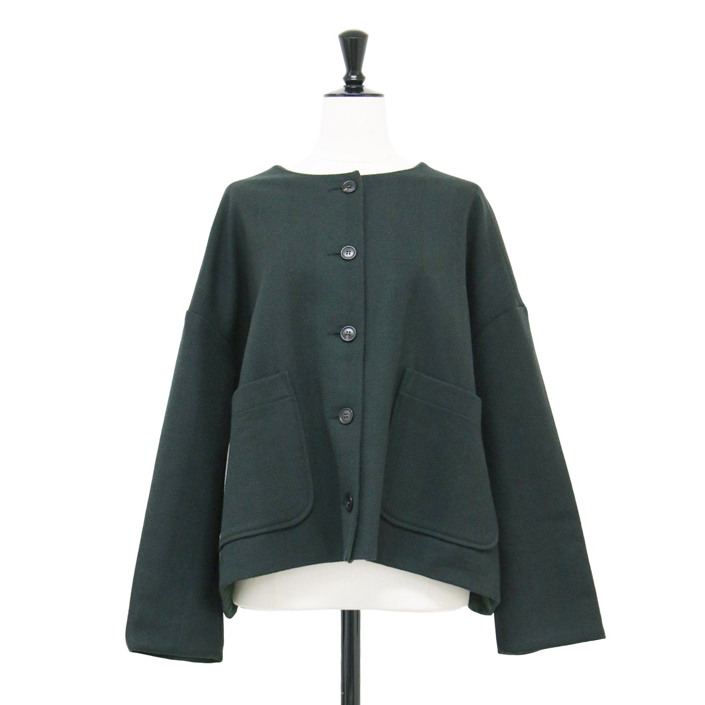 ヘリンボーン ノーカラー ジャケット / lined round collar jacket ショート丈 長袖 ドロップショルダー ウール