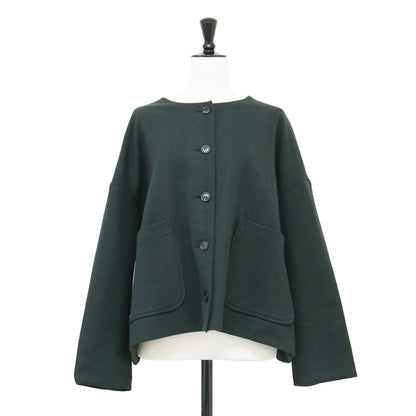 ヘリンボーン ノーカラー ジャケット / lined round collar jacket ショート丈 長袖 ドロップショルダー ウール