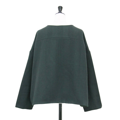 ヘリンボーン ノーカラー ジャケット / lined round collar jacket ショート丈 長袖 ドロップショルダー ウール