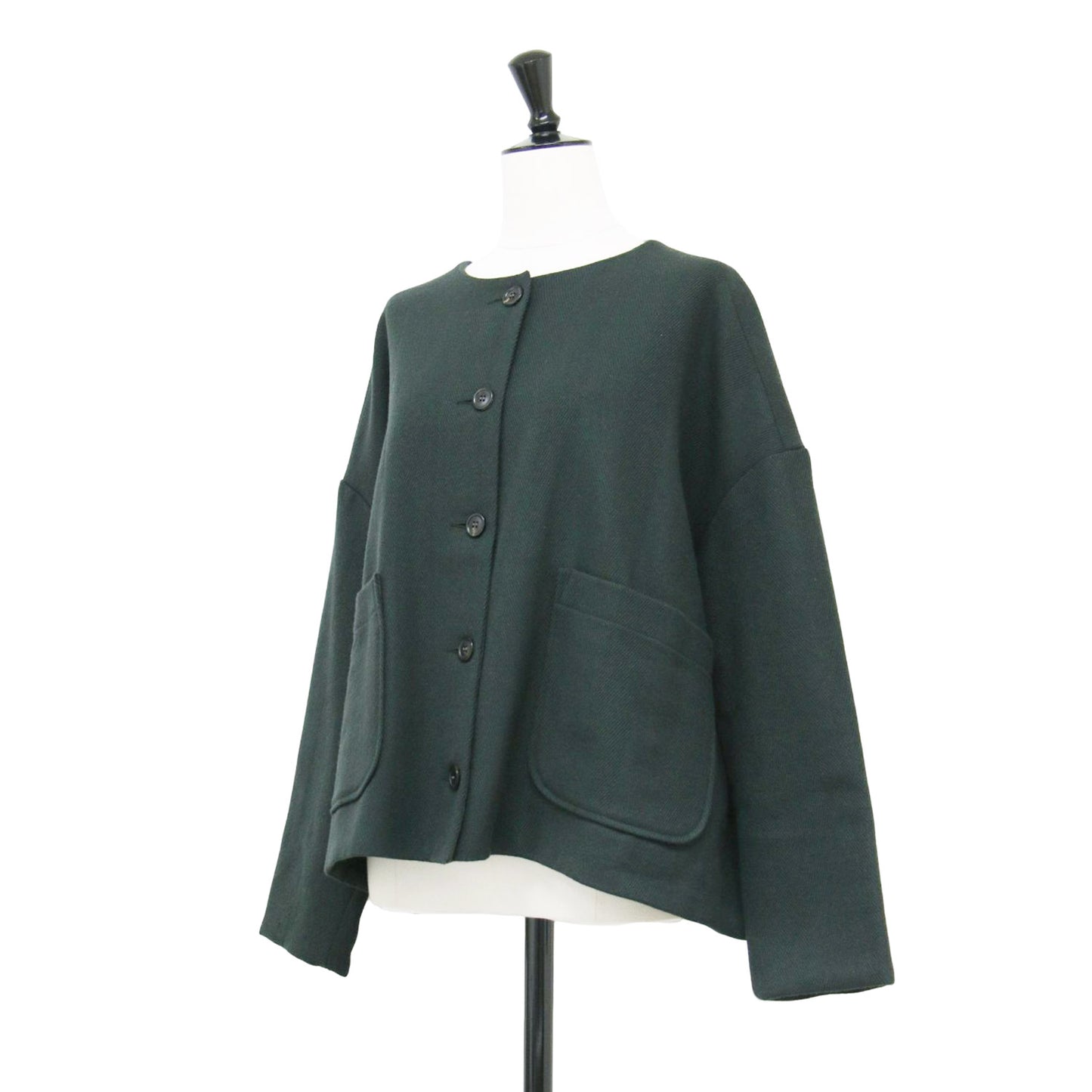 ヘリンボーン ノーカラー ジャケット / lined round collar jacket ショート丈 長袖 ドロップショルダー ウール
