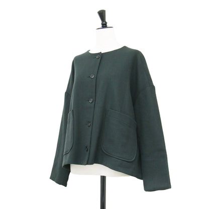 ヘリンボーン ノーカラー ジャケット / lined round collar jacket ショート丈 長袖 ドロップショルダー ウール