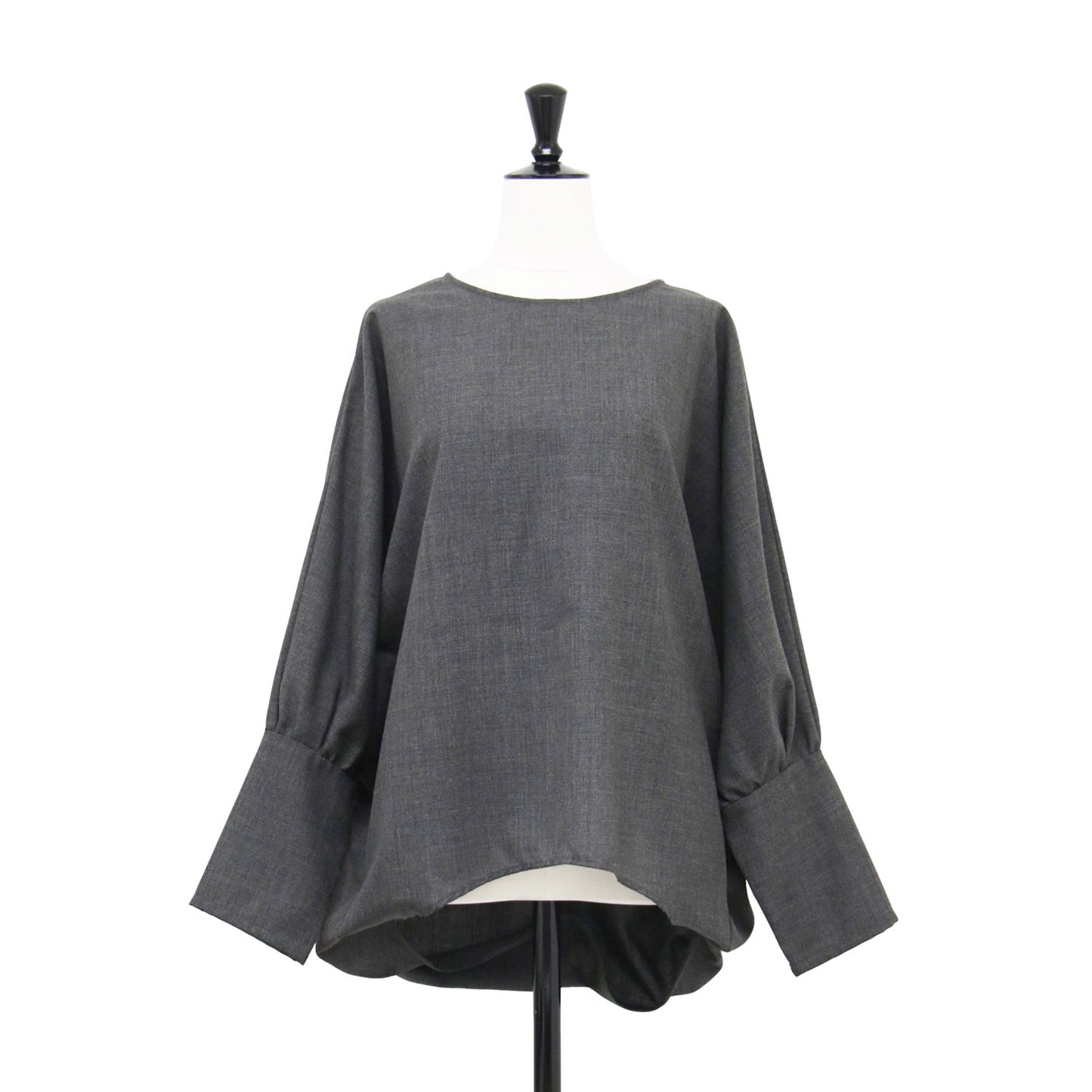 クルーネック コクーン プルオーバー / ブラウス 長袖 ドルマンスリーブ タック ワイド ウール