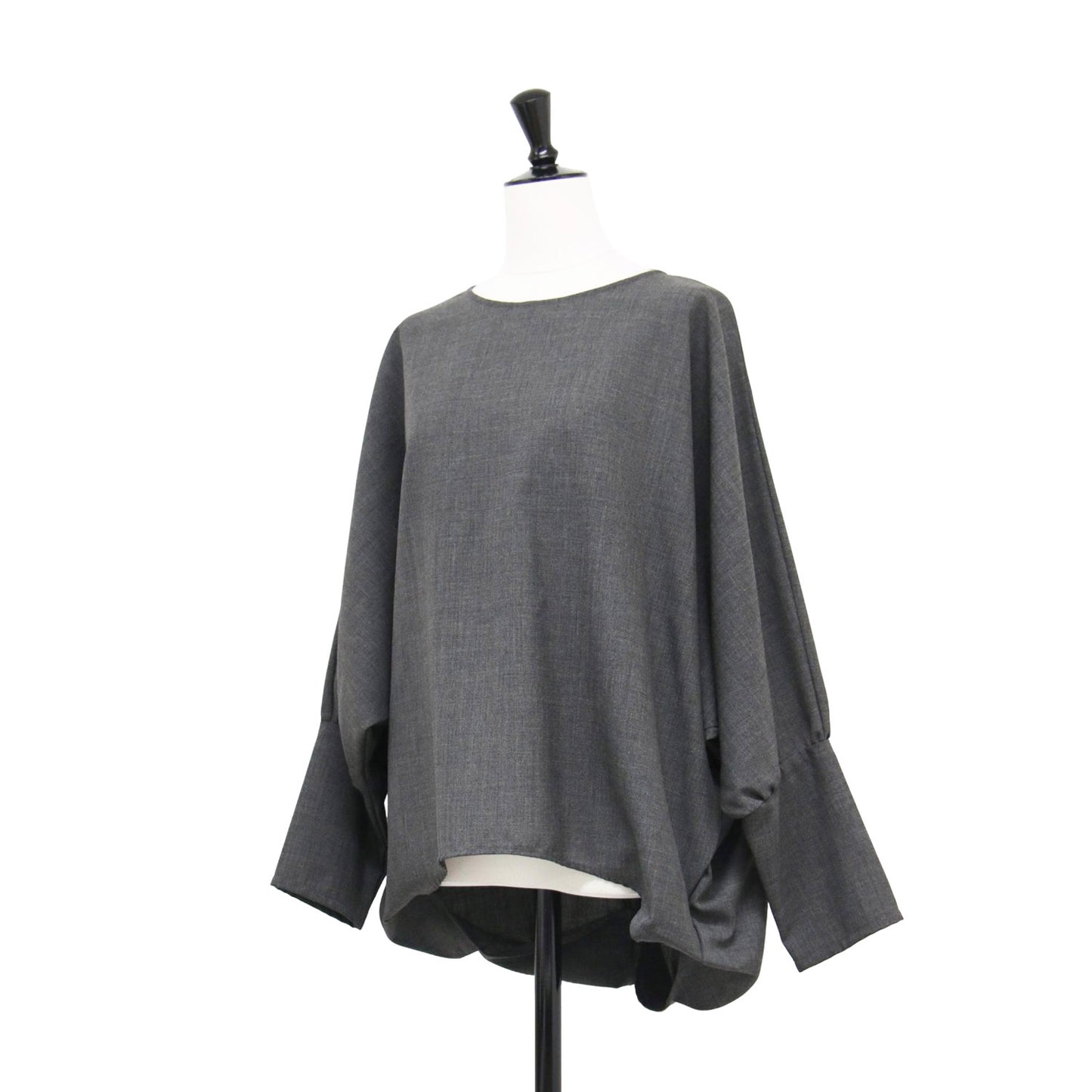 クルーネック コクーン プルオーバー / ブラウス 長袖 ドルマンスリーブ タック ワイド ウール